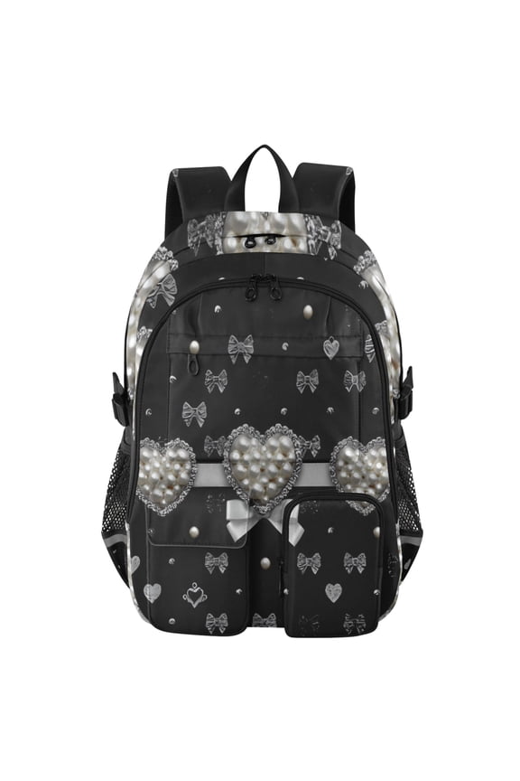 Pearl Heart Bows Backpack for School 14Laptop Compatible with Reflective Safety Strips
