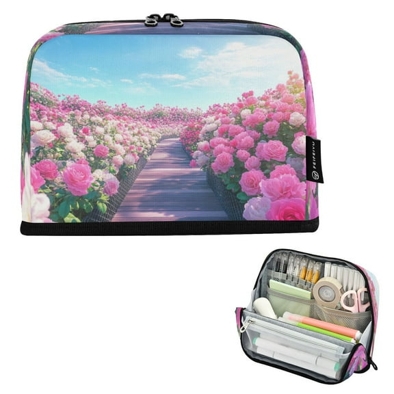 DIXRUYEE Pencil Case Large Capacity Pencil Bag simple Blooming Pink Rose Garden Pattern