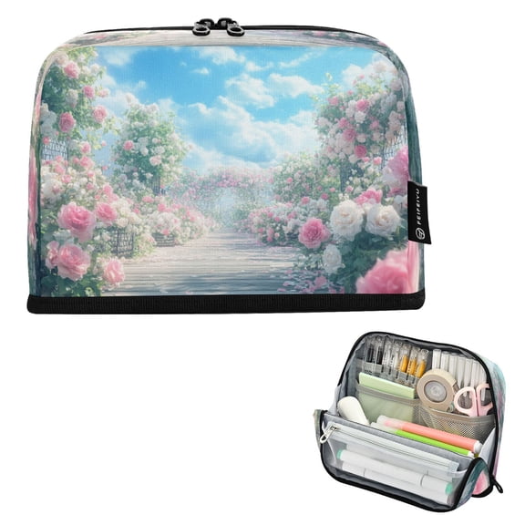 DIXRUYEE Pencil Case Large Capacity Pencil Bag simple Blooming Pink Rose Pattern