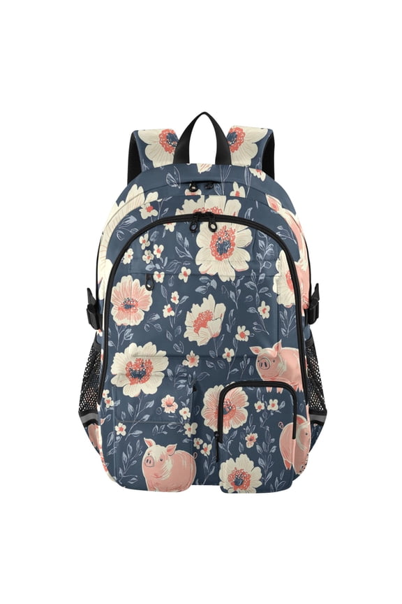 Piggy Floral Navy Pattern Backpack for School 14Laptop Compatible with Reflective Safety Strips
