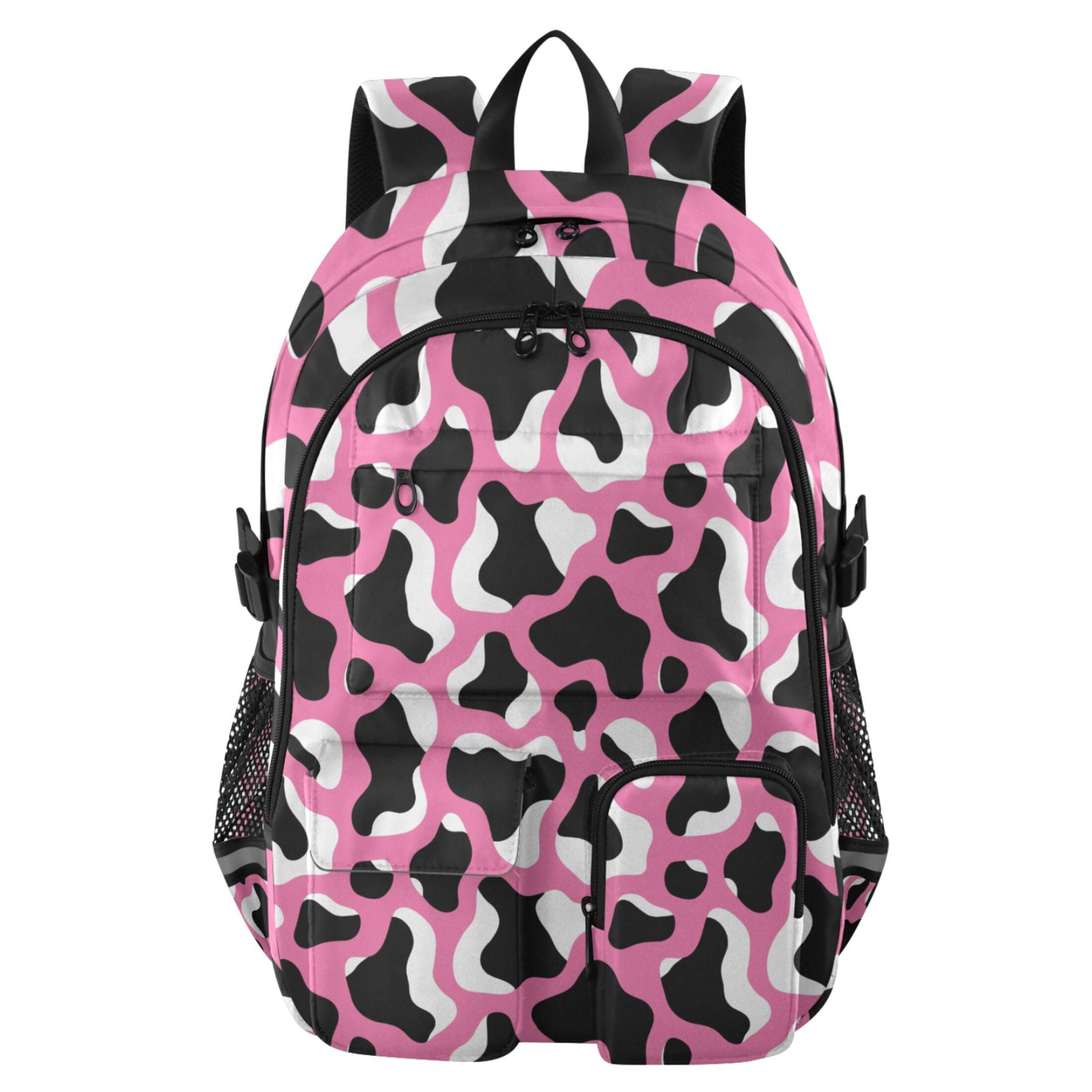 DIXRUYEE Pink Background Cow Print Pattern Backpack for School 14”Laptop Compatible with Reflective Safety Strips