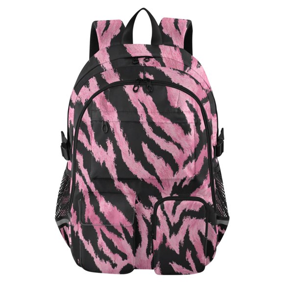 DIXRUYEE Pink Black Tiger Print Pattern Backpack for School 14Laptop Compatible with Reflective Safety Strips