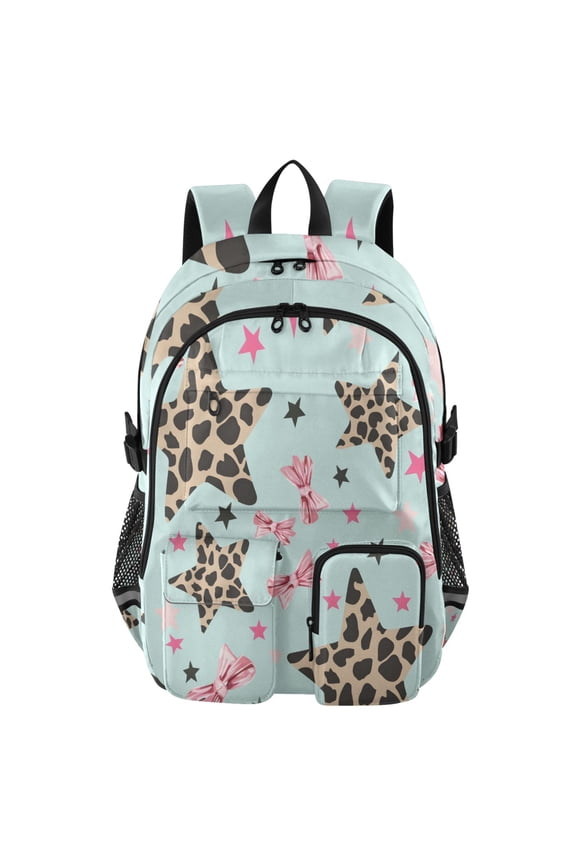 Pink Bow Leopard Print Five-pointed Star Pattern Backpack for School 14Laptop Compatible with Reflective Safety Strips