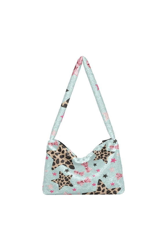 DIXRUYEE Pink Bow Leopard Print Five-pointed Star Pattern Print Plush Shoulder Bag Soft Faux Fluffy Hobo Tote Bag With Zipper Closure Casual Lightweight Crossbody Handbag