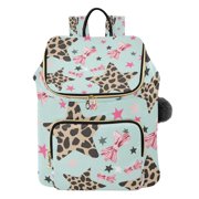DIXRUYEE Pink Bow Leopard Print Five-pointed Star Pattern Printed Quilted 14 Inch Laptop Backpack Multi-Pocket Lightweight Daypack with Pom Pom Charm