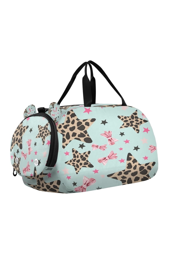 Pink Bow Leopard Print Five-pointed Star Pattern Scale Duffel Bag With Ventilated Shoe Pocket & Adjustable Strap for Gym, Dance & Travel