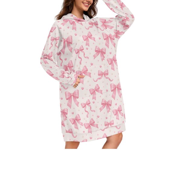 DIXRUYEE Pink Bows Pearls Fabric Print Womens Long Oversized Hoodie Dress Casual Pullover Hooded Sweatshirt Dress with Kangaroo Pocket Loose Streetwear Loungewear