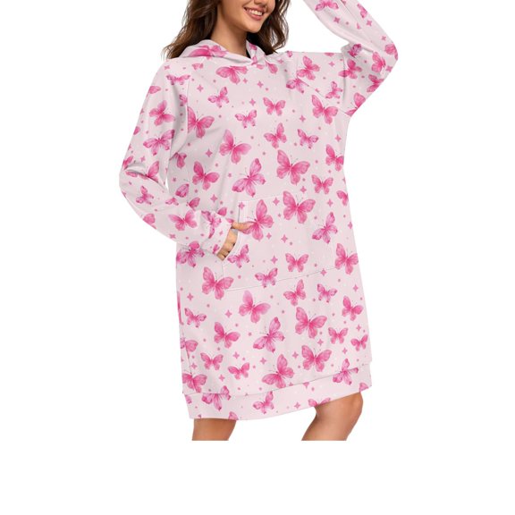 DIXRUYEE Pink Butterfly Pattern Print Womens Long Oversized Hoodie Dress Casual Pullover Hooded Sweatshirt Dress with Kangaroo Pocket Loose Streetwear Loungewear
