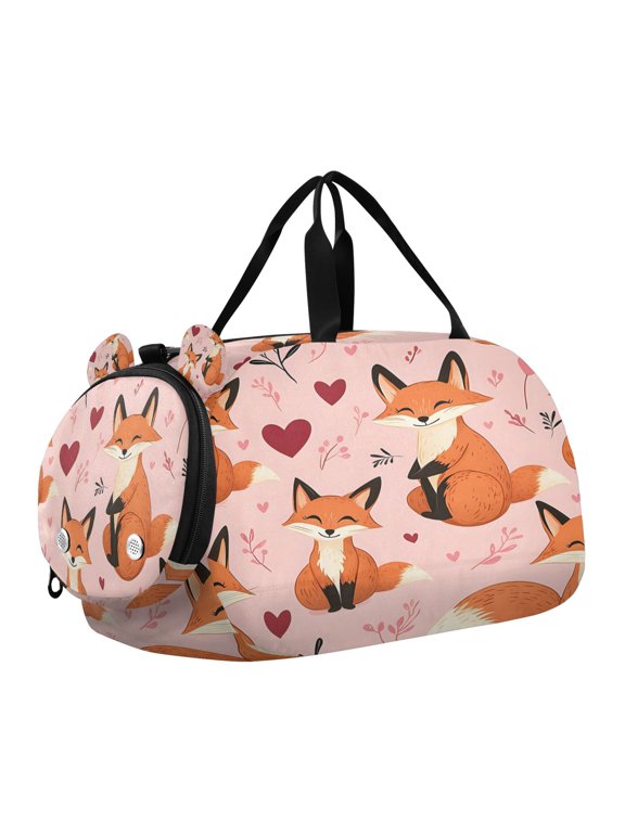 Pink Fox Love Pattern Scale Duffel Bag With Ventilated Shoe Pocket & Adjustable Strap for Gym, Dance & Travel