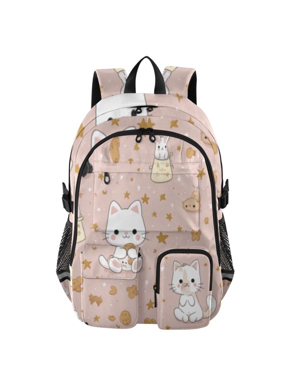 Pink Kitty Critter Backpack for School 14Laptop Compatible with Reflective Safety Strips