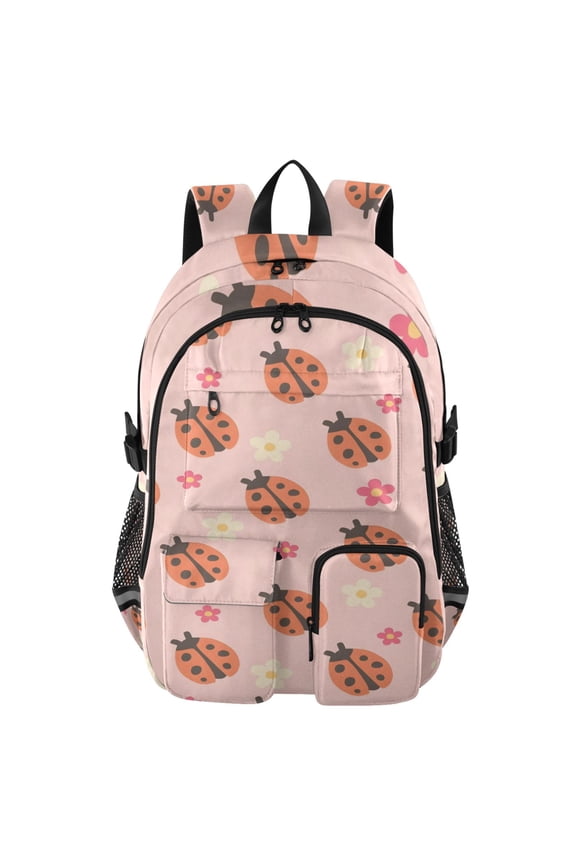 Pink Ladybug-flower Backpack for School 14Laptop Compatible with Reflective Safety Strips