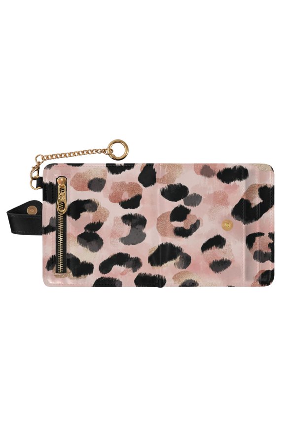 Pink Leopard Pattern Print RFID Blocking Womens PU Leather Wallet Small Foldable Card Holder Purse with Coin Zipper Pocket & Detachable Chain Wristlet