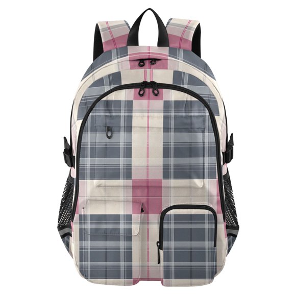 DIXRUYEE Pink Navy Plaid Pattern Backpack for School 14”Laptop Compatible with Reflective Safety Strips