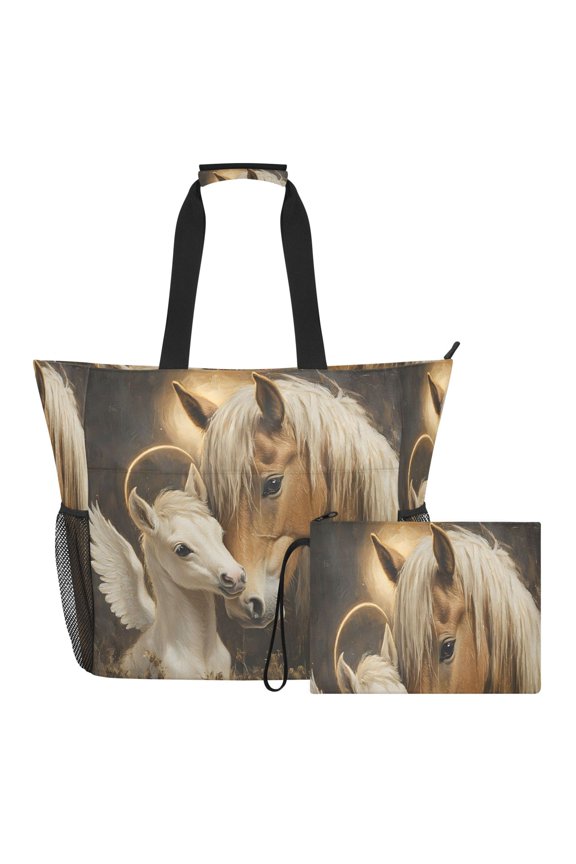 Large Water-Resistant Tote Bag with Wet Pocket & Matching Pouch for Gym, Beach, TravelHorse (38)
