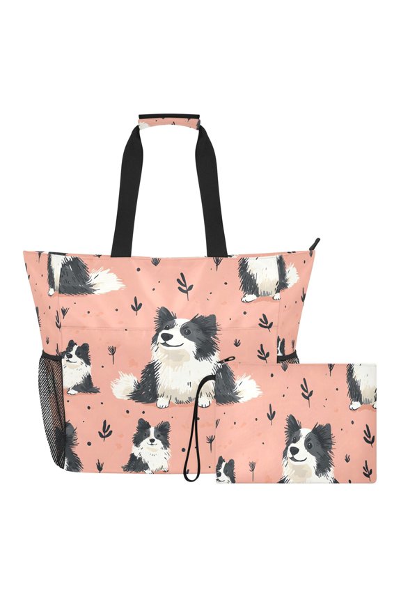 Large Water-Resistant Tote Bag with Wet Pocket & Matching Pouch for Gym, Beach, TravelHappy Border Collie Pattern
