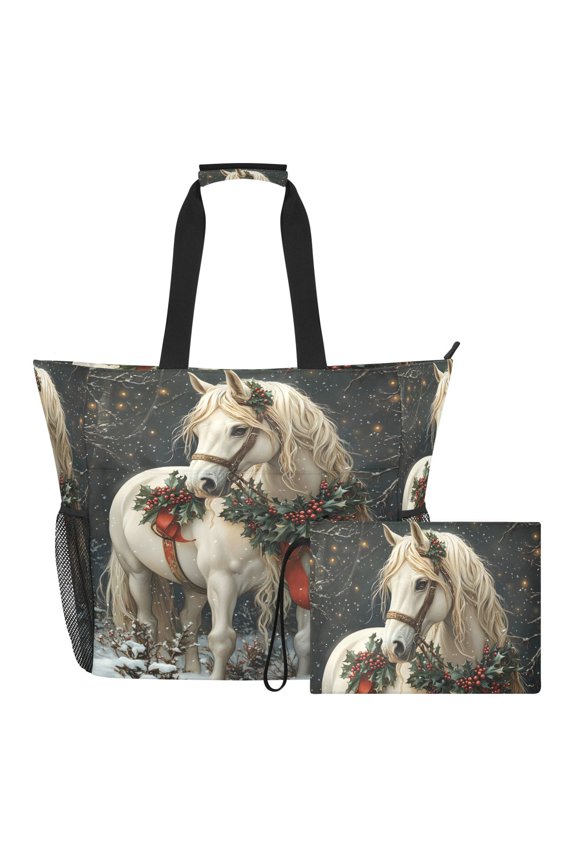 Large Water-Resistant Tote Bag with Wet Pocket & Matching Pouch for Gym, Beach, TravelHorse (46)