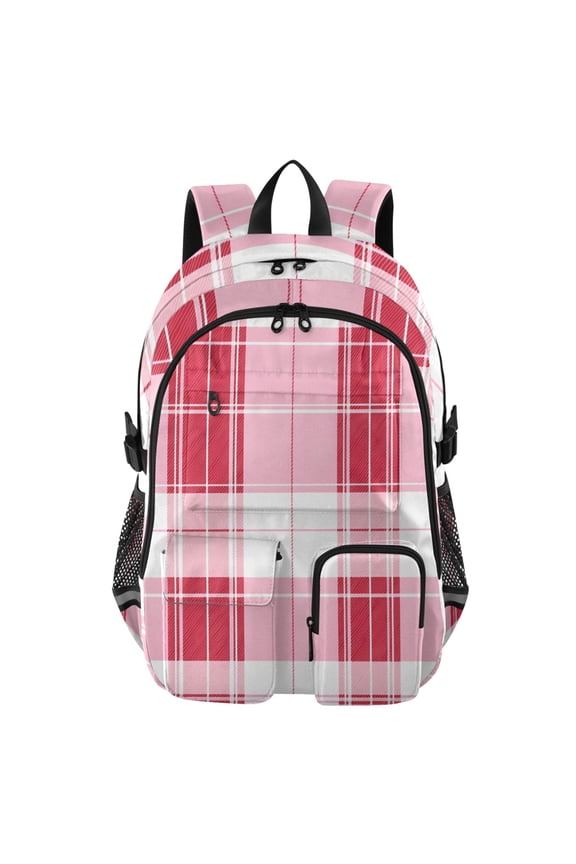 Pink Red Tartan Pattern Backpack for School 14Laptop Compatible with Reflective Safety Strips