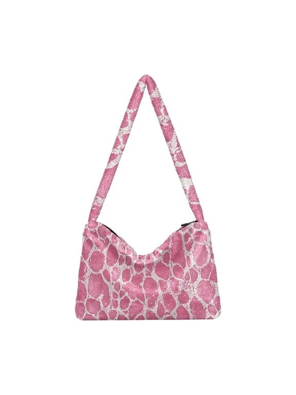 DIXRUYEE Pink Snake Blocky Pattern Print Plush Shoulder Bag Soft Faux Fluffy Hobo Tote Bag With Zipper Closure Casual Lightweight Crossbody Handbag