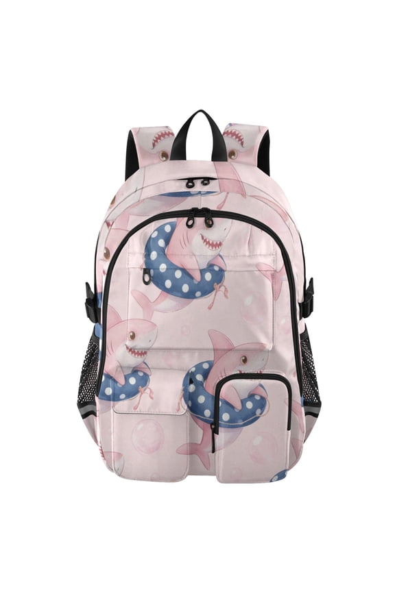 Pink Swim Shark Backpack for School 14Laptop Compatible with Reflective Safety Strips