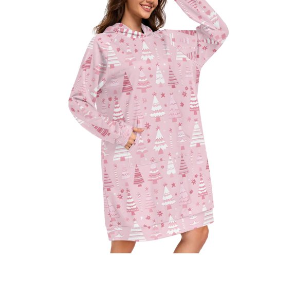 DIXRUYEE Pink Tree Print Womens Long Oversized Hoodie Dress Casual Pullover Hooded Sweatshirt Dress with Kangaroo Pocket Loose Streetwear Loungewear