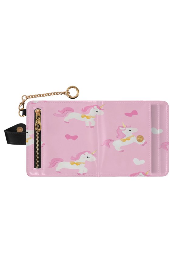 Pink Unicorn Bow Pattern Print RFID Blocking Womens PU Leather Wallet Small Foldable Card Holder Purse with Coin Zipper Pocket & Detachable Chain Wristlet