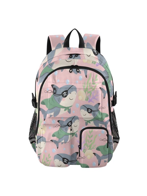 Pirate Shark Seaweed Bubbles Pattern Backpack for School 14Laptop Compatible with Reflective Safety Strips