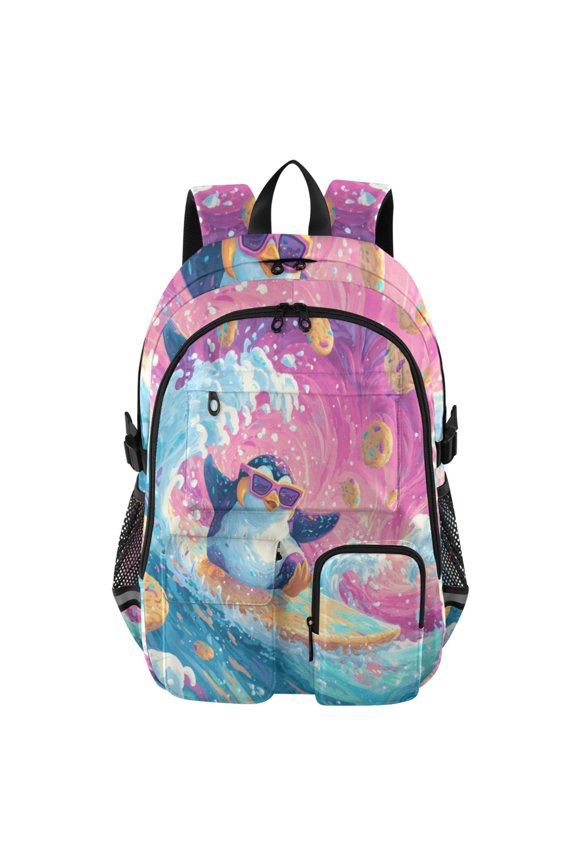 Psychedelic Surf Penguin Backpack for School 14Laptop Compatible with Reflective Safety Strips