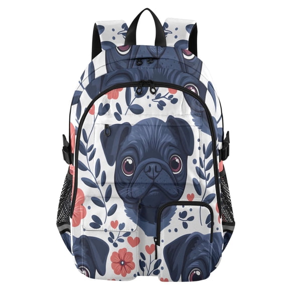 DIXRUYEE Pug Floral Pattern Backpack for School 14Laptop Compatible with Reflective Safety Strips