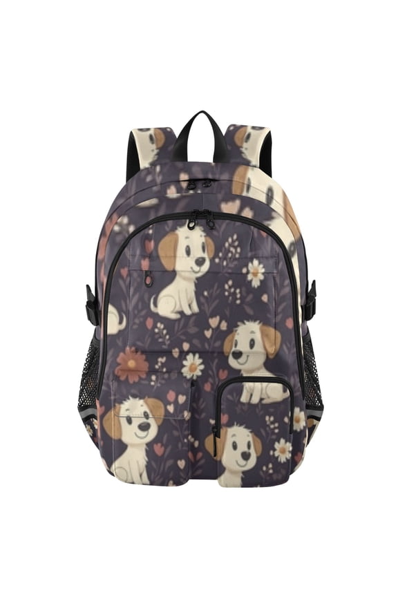 Puppy Flower Dark Pattern Backpack for School 14Laptop Compatible with Reflective Safety Strips