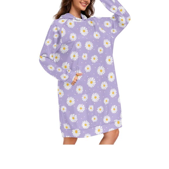 DIXRUYEE Purple Background Daisy Print Womens Long Oversized Hoodie Dress Casual Pullover Hooded Sweatshirt Dress with Kangaroo Pocket Loose Streetwear Loungewear