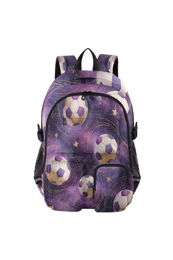 Purple Galaxy Foodball Pattern Backpack for School 14”Laptop Compatible with Reflective Safety Strips