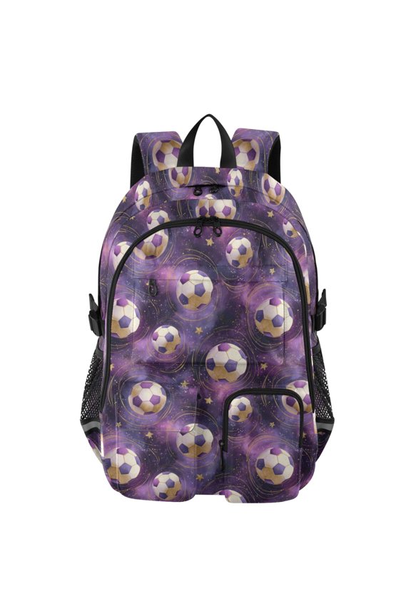 Purple Galaxy Foodball Pattern Pattern Backpack for School 14”Laptop Compatible with Reflective Safety Strips