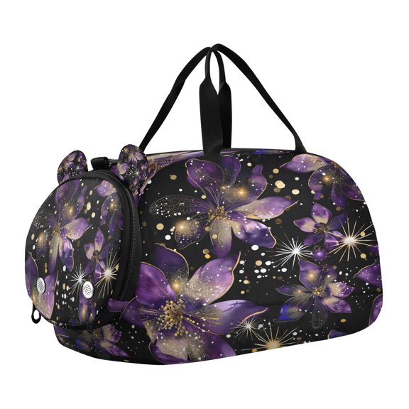 DIXRUYEE Purple Gold Fantasy Flower Pattern Scale Duffel Bag With Ventilated Shoe Pocket & Adjustable Strap for Gym, Dance & Travel