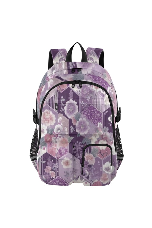 Purple Hexagon Floral Backpack for School 14Laptop Compatible with Reflective Safety Strips