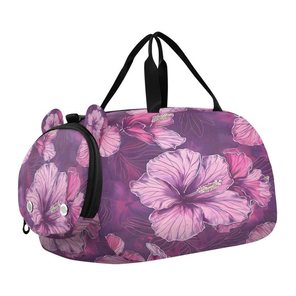 DIXRUYEE Purple Hibiscus Flower Pattern Scale Duffel Bag With Ventilated Shoe Pocket & Adjustable Strap for Gym, Dance & Travel