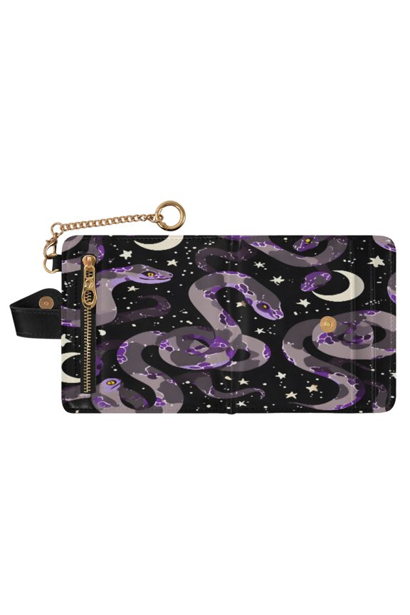 Purple Snake Pattern Print RFID Blocking Womens PU Leather Wallet Small Foldable Card Holder Purse with Coin Zipper Pocket & Detachable Chain Wristlet