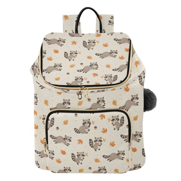 DIXRUYEE Raccoon Maple Leaves Printed Quilted 14 Inch Laptop Backpack Multi-Pocket Lightweight Daypack with Pom Pom Charm