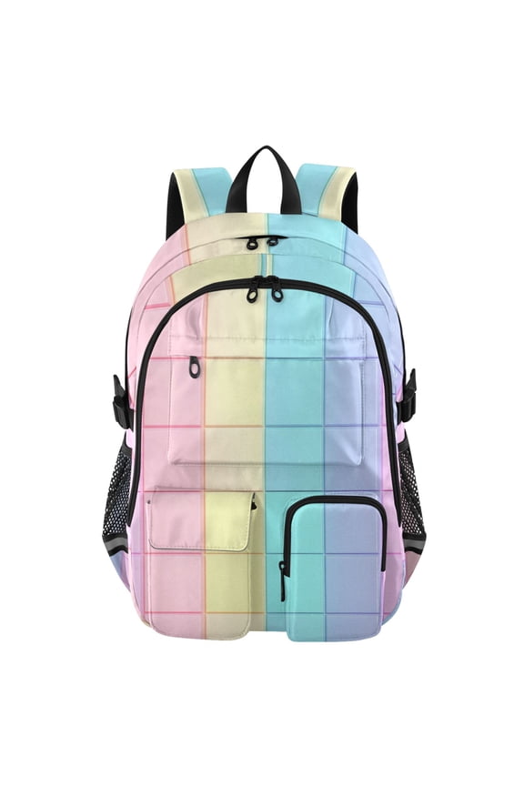 Rainbow Squares Pattern Backpack for School 14Laptop Compatible with Reflective Safety Strips