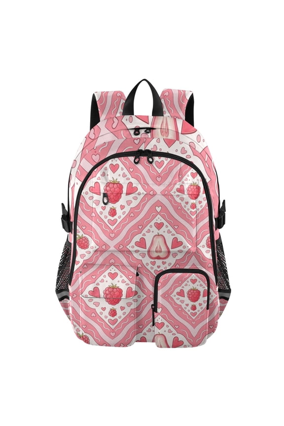 Raspberry Wax Apple Pattern Backpack for School 14Laptop Compatible with Reflective Safety Strips