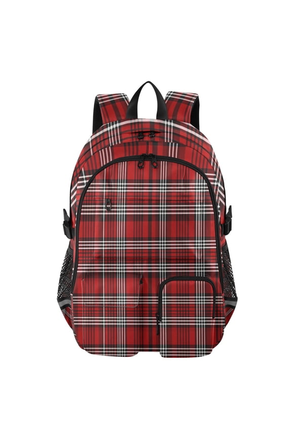 Red Black Tartan Pattern Backpack for School 14Laptop Compatible with Reflective Safety Strips