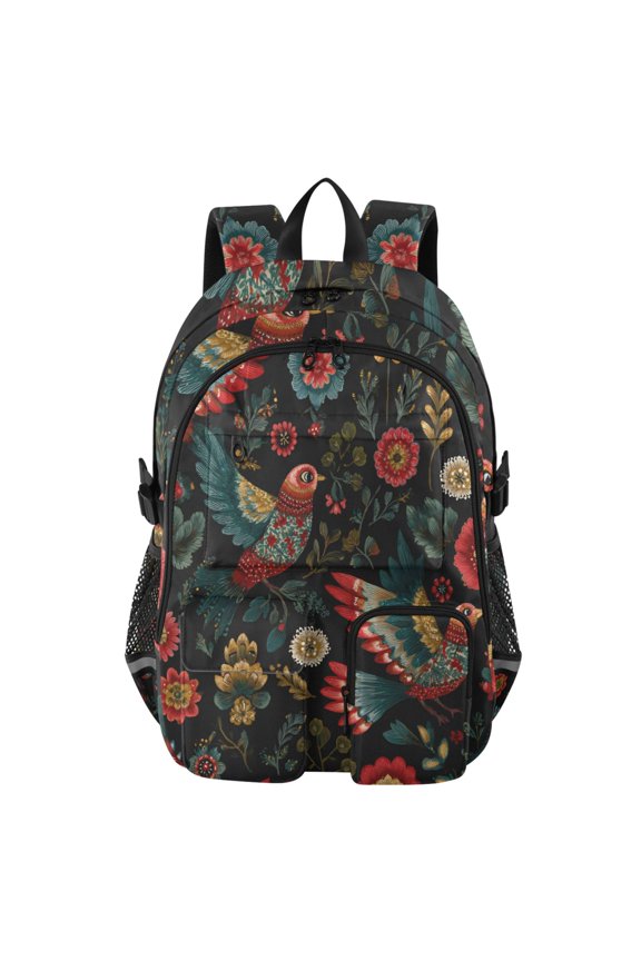 Red Flower Bird Pattern Backpack for School 14Laptop Compatible with Reflective Safety Strips
