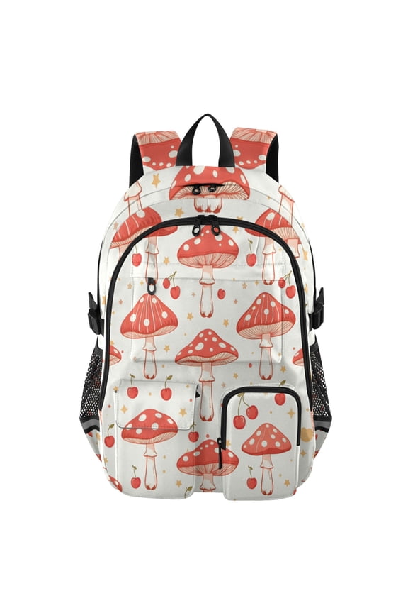 Red Mushroom Five-pointed Star Cherry Pattern Backpack for School 14Laptop Compatible with Reflective Safety Strips