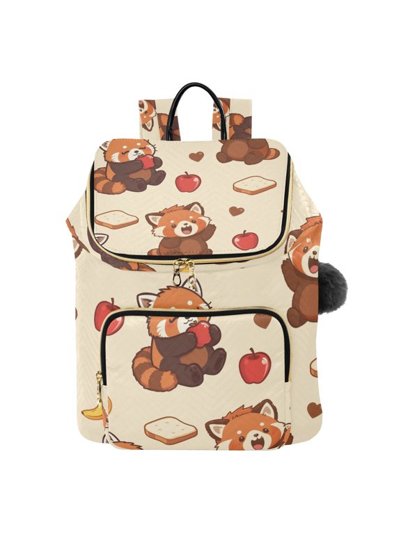 Red Panda Apple Bread Banana Pattern Printed Quilted 14 Inch Laptop Backpack Multi-Pocket Lightweight Daypack with Pom Pom Charm