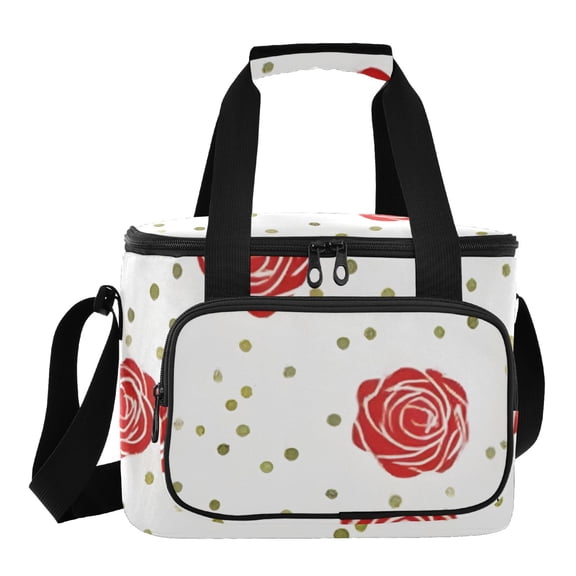DIXRUYEE Red Rose Polka Dot Pattern Cooler BagWaterproof 600D Oxford Cloth Leakproof Lunch Bag with Multiple Pockets for Picnics, Potlucks, Barbecues, Outdoor Activities