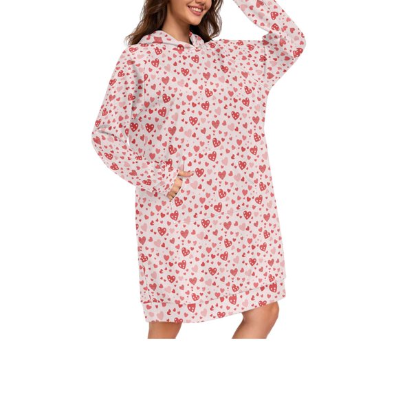 DIXRUYEE Red Sweet Hearts Valentine's Day Print Womens Long Oversized Hoodie Dress Casual Pullover Hooded Sweatshirt Dress with Kangaroo Pocket Loose Streetwear Loungewear