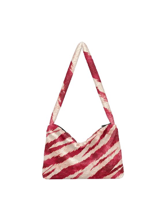 DIXRUYEE Red Tiger Pattern Print Plush Shoulder Bag Soft Faux Fluffy Hobo Tote Bag With Zipper Closure Casual Lightweight Crossbody Handbag