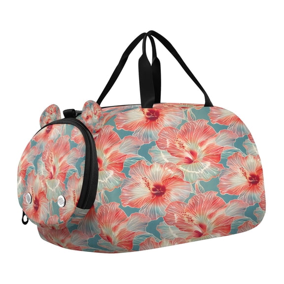 DIXRUYEE Red Transparent Hibiscus Flower Pattern Scale Duffel Bag With Ventilated Shoe Pocket & Adjustable Strap for Gym, Dance & Travel