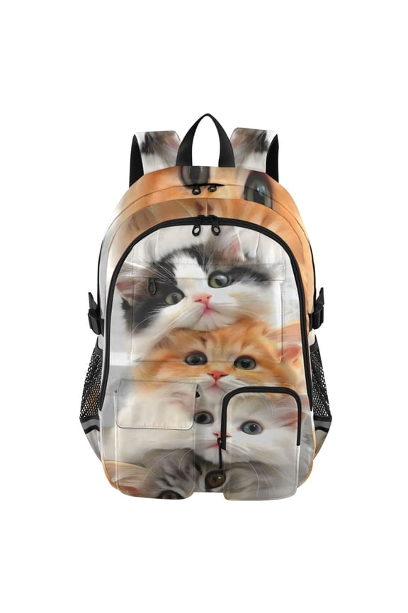 Red-frame Cat Pile Backpack for School 14Laptop Compatible with Reflective Safety Strips