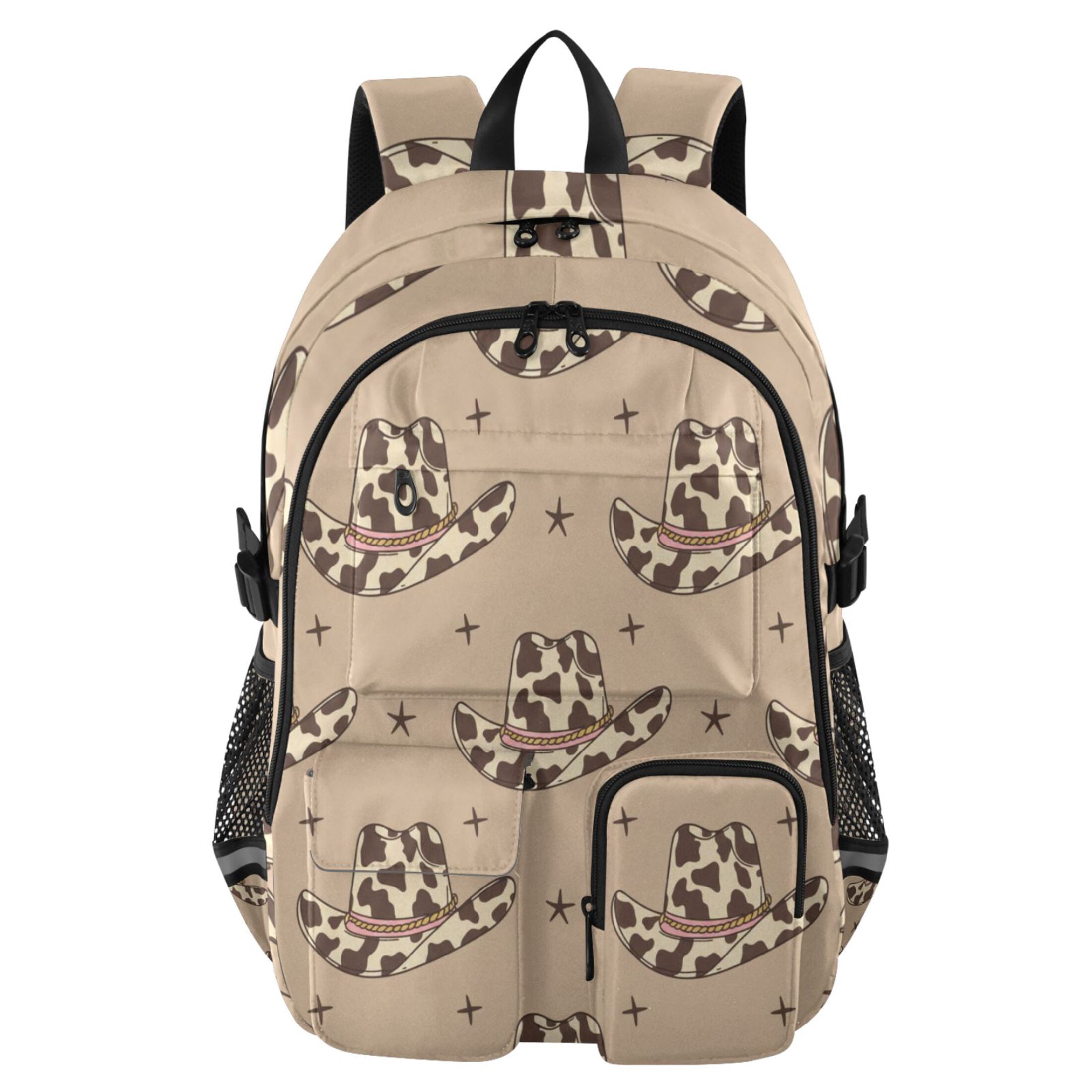 DIXRUYEE Retro Cowboy Hats with Cow Print Wild West Backpack for School 14”Laptop Compatible with Reflective Safety Strips