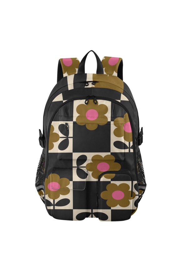 Retro Floral Checkerboard Backpack for School 14”Laptop Compatible with Reflective Safety Strips
